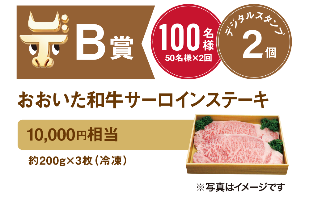 B賞 100名様 デジタルスタンプ2個 おおいた和牛サーロインステーキ 10,000円相当 約200g×3枚（冷凍）