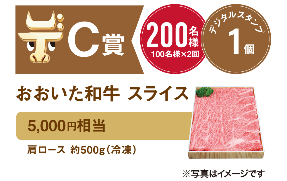 C賞 200名様 デジタルスタンプ1個 おおいた和牛 スライス 5,000円相当 肩ロース 約500ｇ（冷凍）