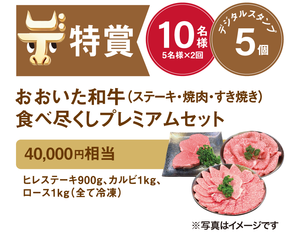特賞 10名様 デジタルスタンプ5個 おおいた和牛（ステーキ・焼肉・すき焼き）食べ尽くしプレミアムセット 40,000円相当 ヒレステーキ900g、カルビ1kg、ロース1kg（全て冷凍）
